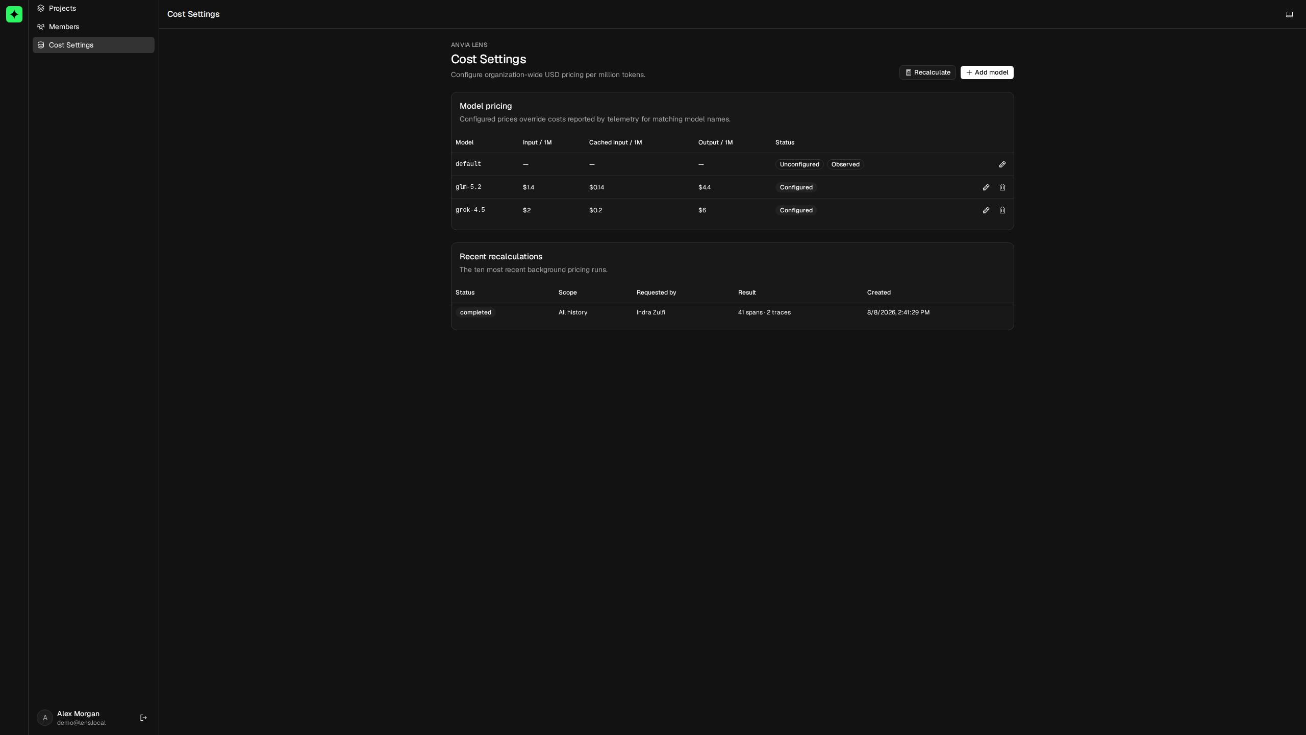 Lens cost settings with model-specific token pricing