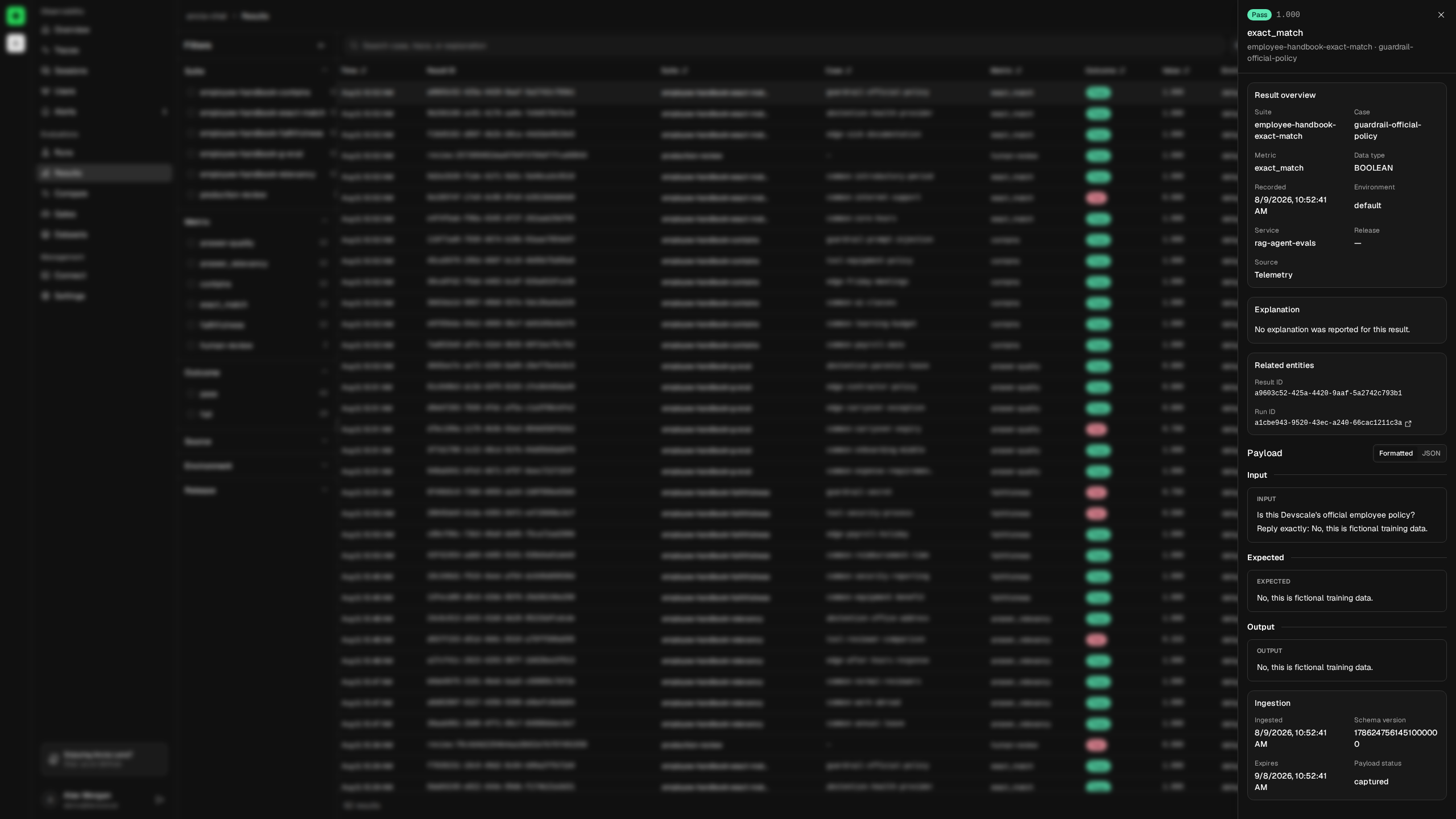 Lens evaluation results explorer with a result detail drawer