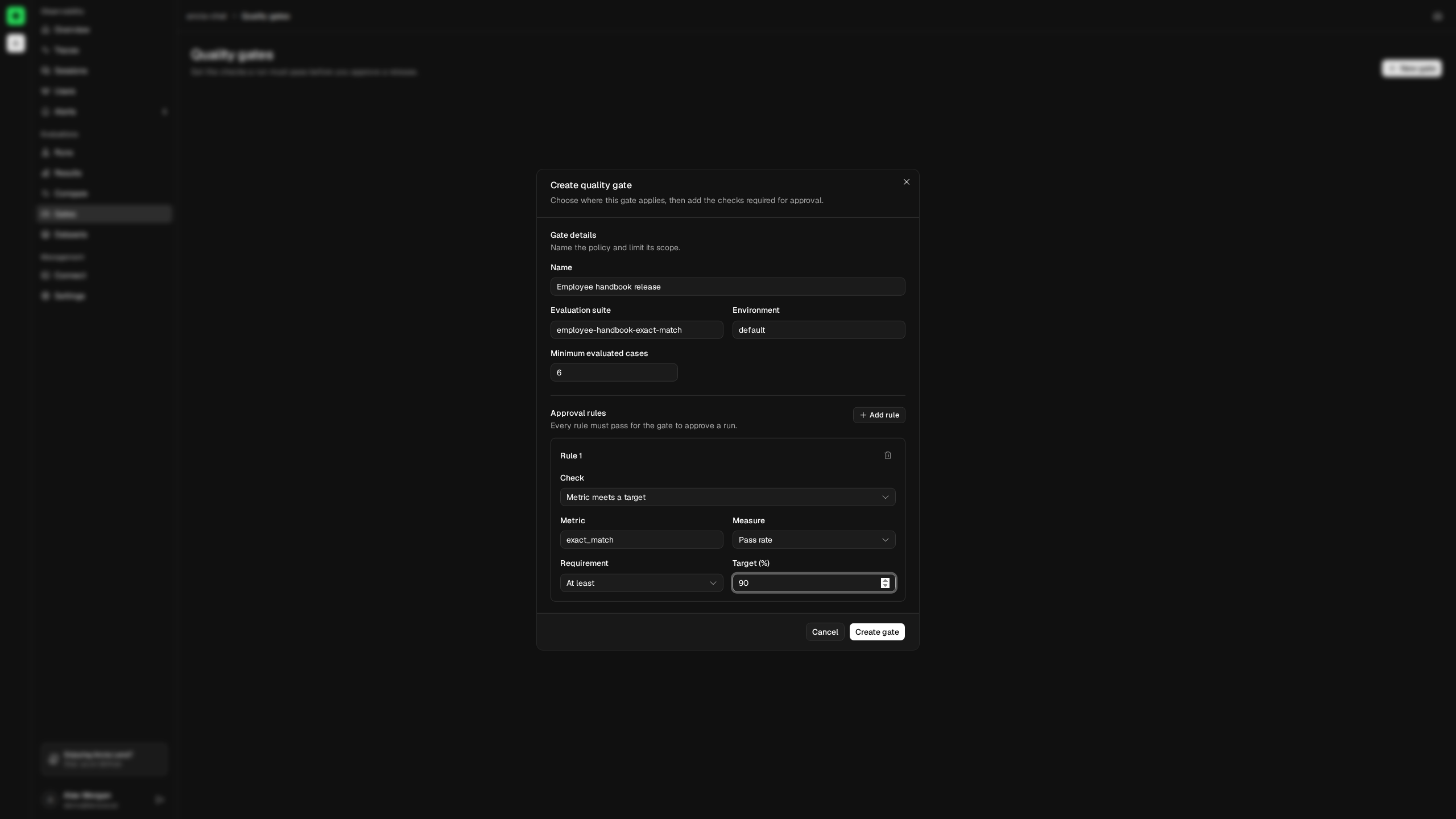 Lens quality gate configuration with scope and approval rules