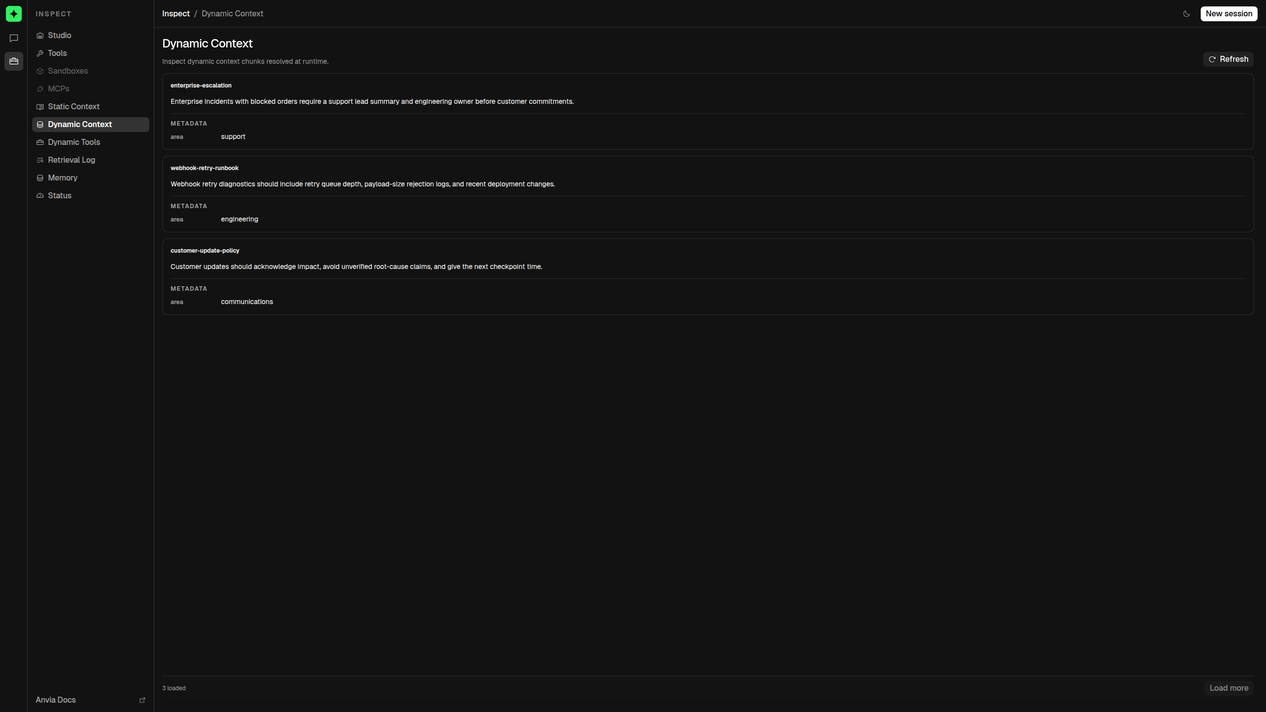 Studio Knowledge inspector showing dynamic context documents