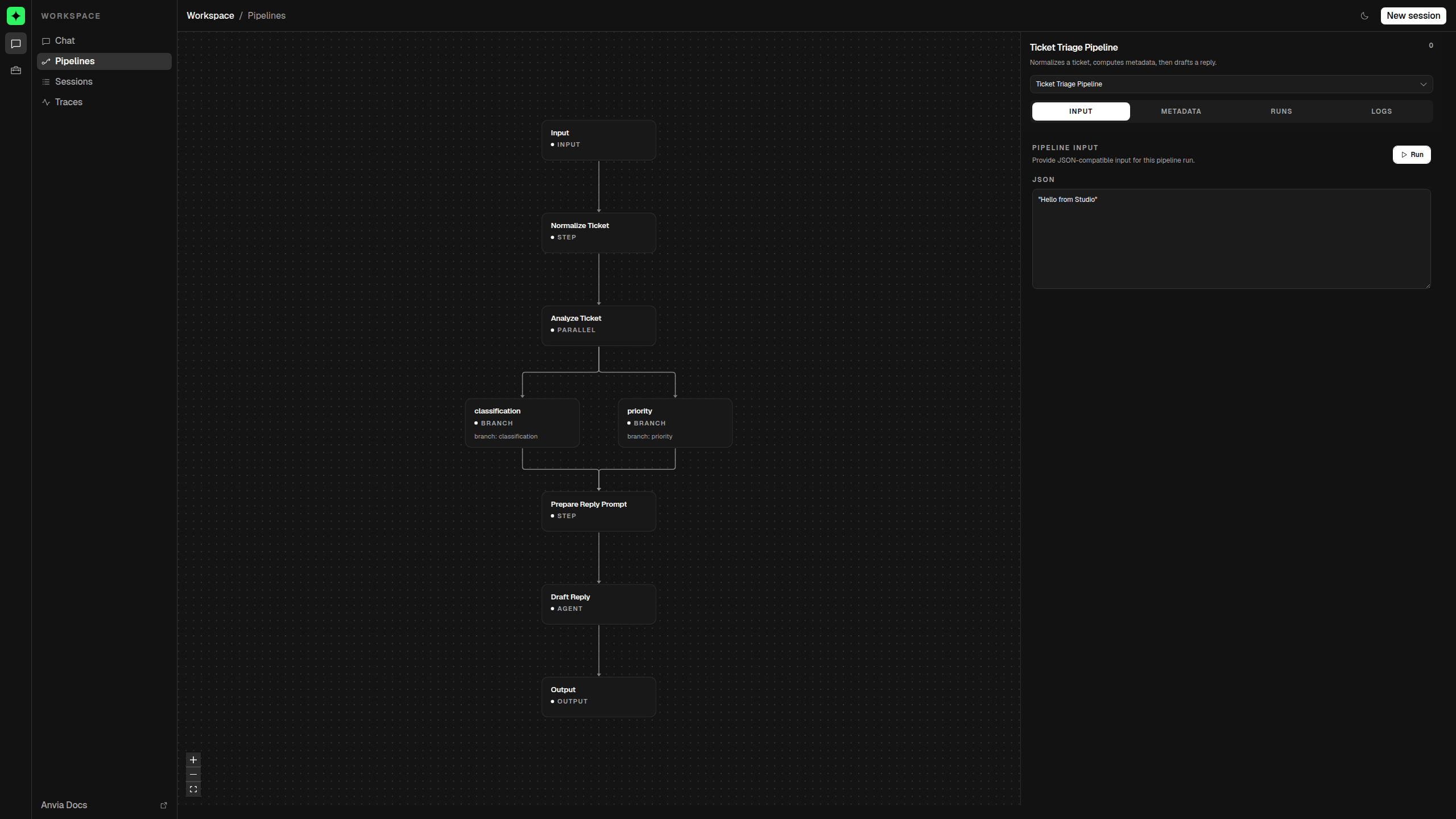 Studio pipeline inspector showing a branching pipeline graph