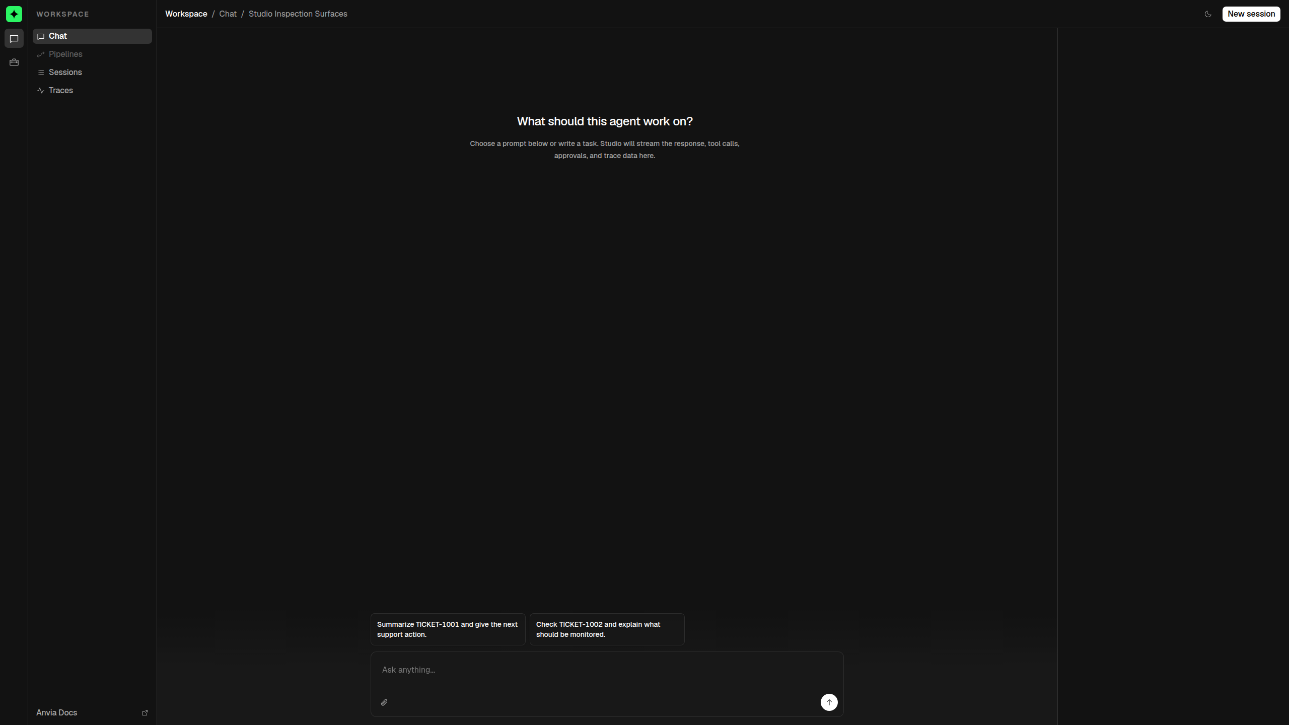 Studio Playground with quick prompts and the message composer