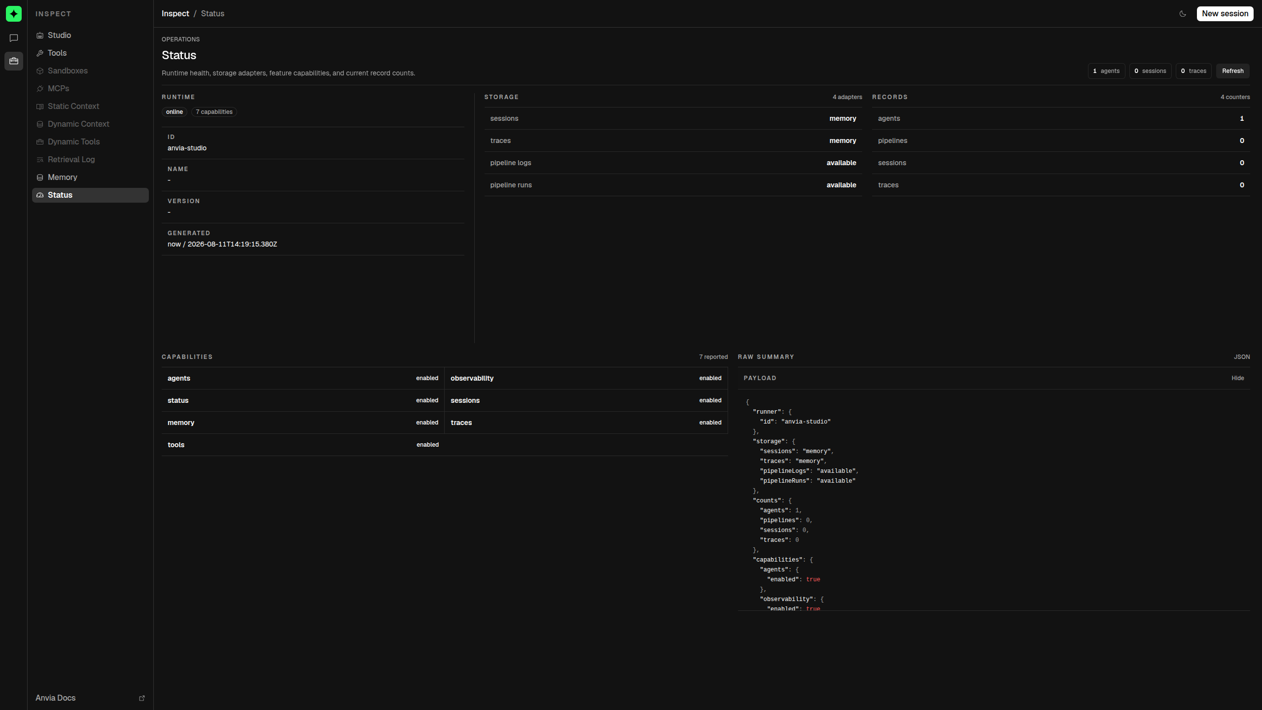 Studio runtime status dashboard