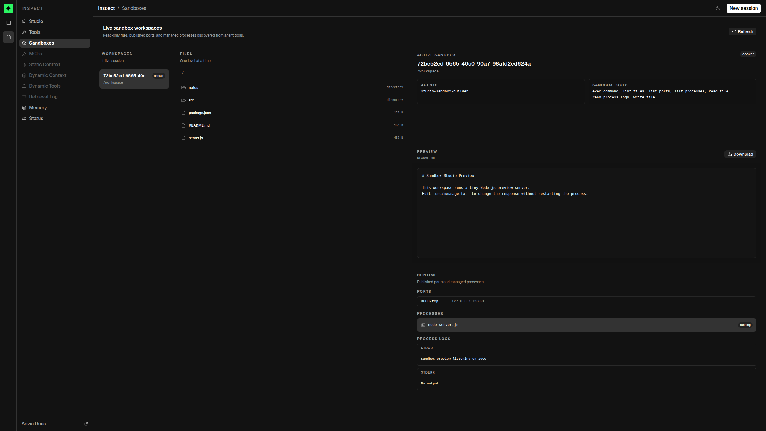 Studio sandbox inspector showing files, a published port, and a managed process