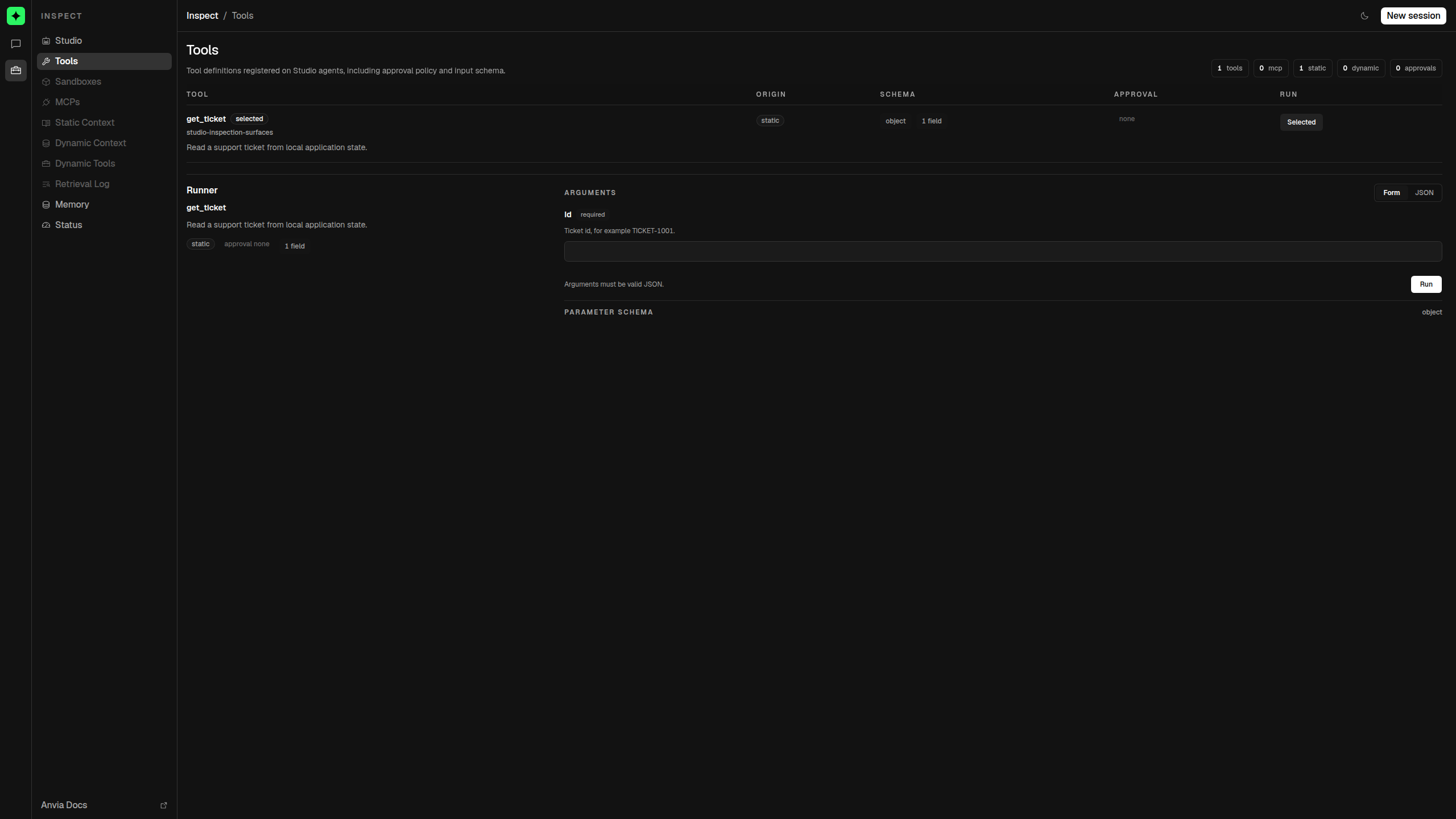 Studio tool inspector showing a selected tool and its argument form